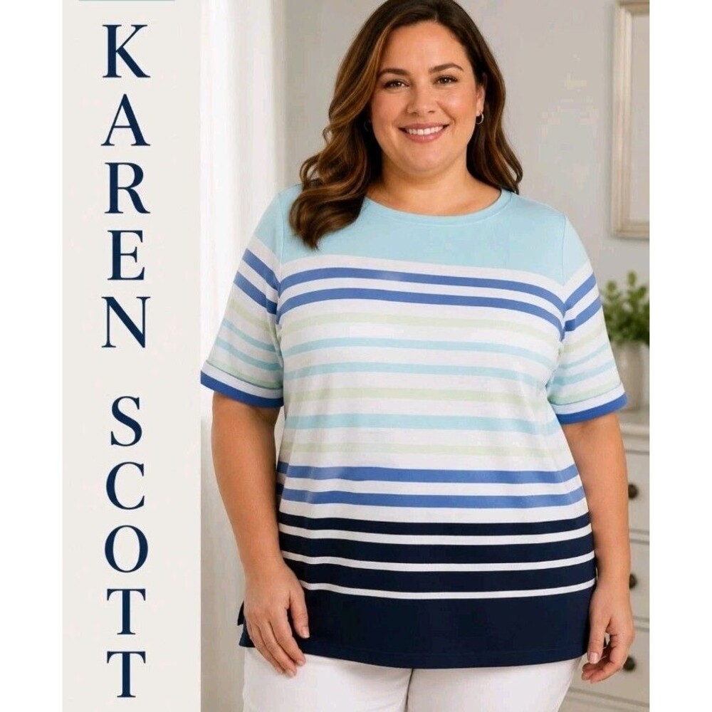 Karen Scott Womens 2X Striped Blue Multi Short Sleeve Boatneck Pullover Tee Top